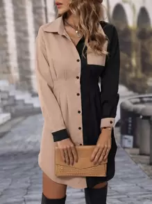 EMERY ROSE Colourblock Pocket Patched Button Up Shirt Dress - Multicolor - View 7