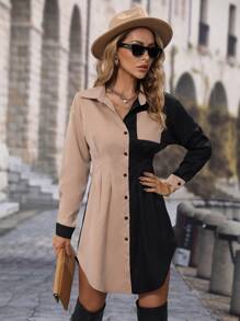 EMERY ROSE Colourblock Pocket Patched Button Up Shirt Dress - Multicolor - View 8