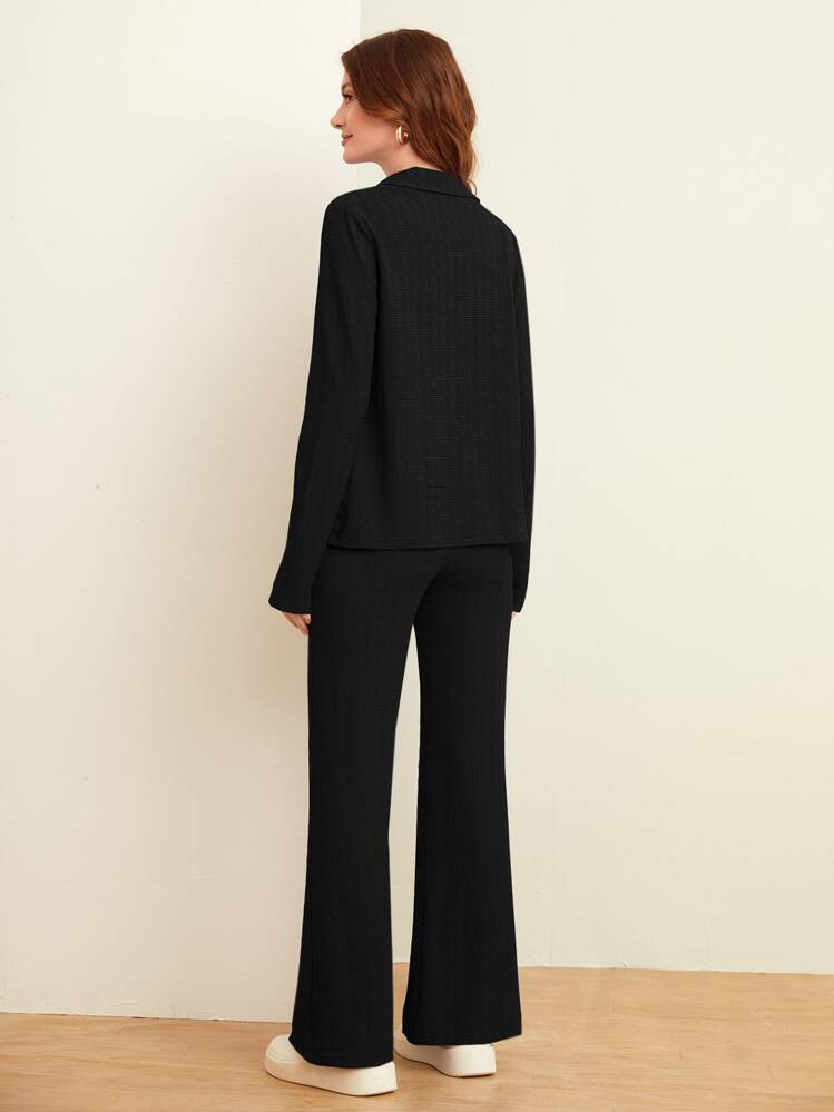 Mulvari Letter Patched Detail Tee & Flare Leg Pants - Black - View 2