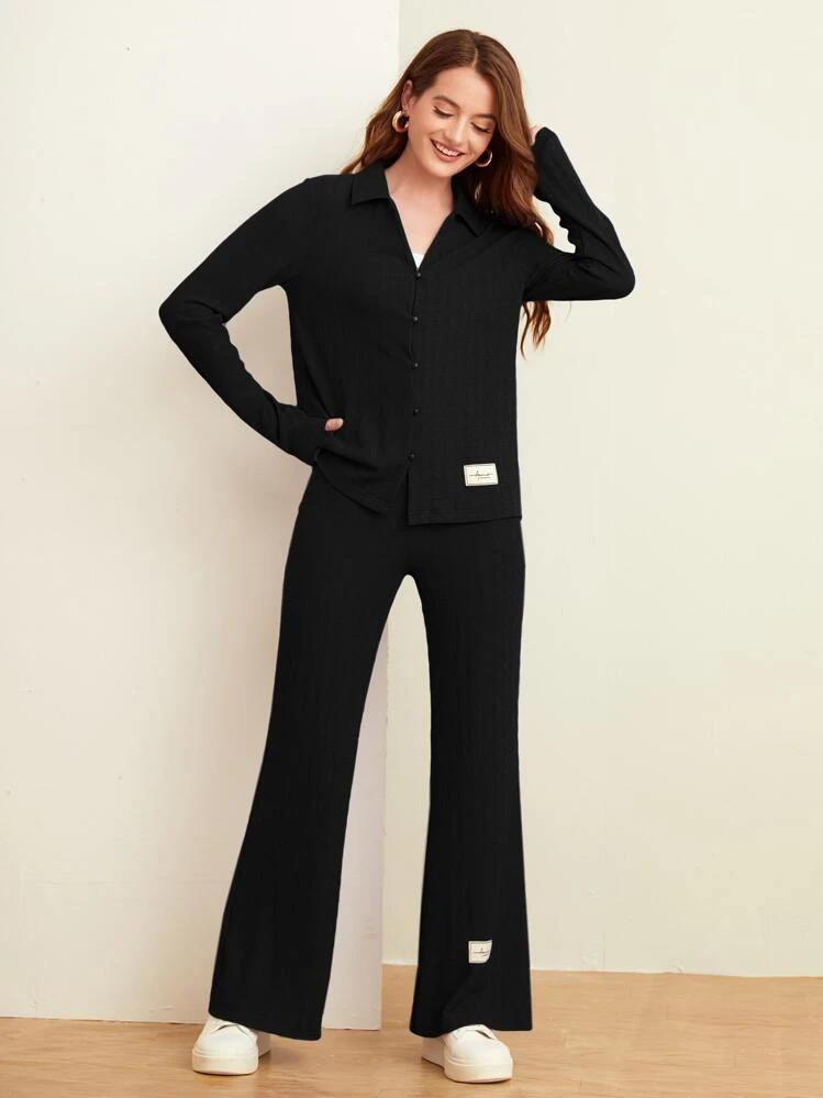 Mulvari Letter Patched Detail Tee & Flare Leg Pants - Black - View 5