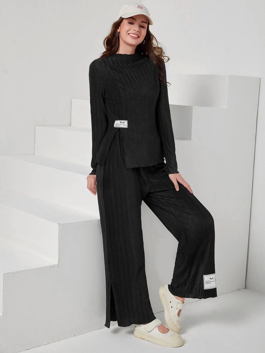 Seusyu Patched Detail Split Hem Top & Trousers Set - Black - View 1