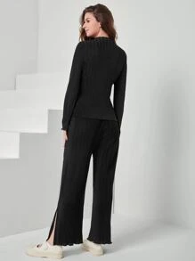 Seusyu Patched Detail Split Hem Top & Trousers Set - Black - View 2