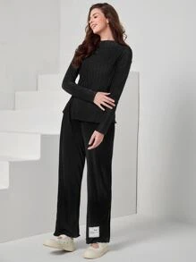 Seusyu Patched Detail Split Hem Top & Trousers Set - Black - View 3