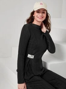 Seusyu Patched Detail Split Hem Top & Trousers Set - Black - View 4