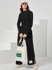 Seusyu Patched Detail Split Hem Top & Trousers Set - Black - View 5