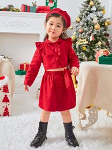 Toddler Girls Ruffle Trim Crop Jacket & Skirt - Red - View 1