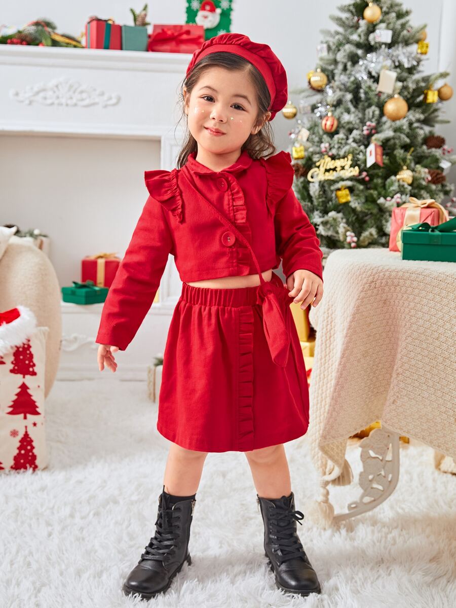 Toddler Girls Ruffle Trim Crop Jacket & Skirt - Red - View 1