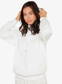 SHEIN Essnce 素色落肩袖抽繩連帽衫 - 白色 - 查看 4