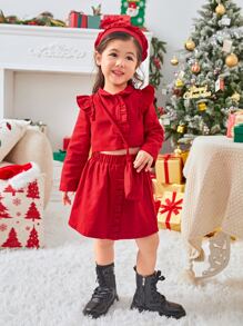 Toddler Girls Ruffle Trim Crop Jacket & Skirt - Red - View 4