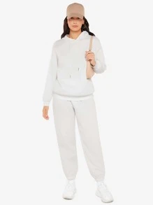 SHEIN Essnce 素色落肩袖抽繩連帽衫 - 白色 - 查看 5