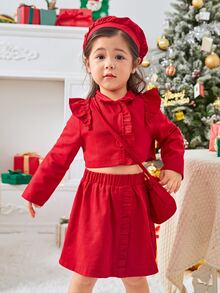 Toddler Girls Ruffle Trim Crop Jacket & Skirt - Red - View 5