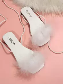 Xăng đan đế bằng có dây buộc dự tiệc quyến rũ cho nữ, Xăng đan có quai bằng da nhân tạo trơn trang trí lông mịn - trắng - Xem 3