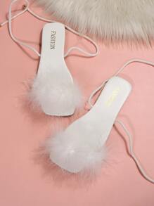 Xăng đan đế bằng có dây buộc dự tiệc quyến rũ cho nữ, Xăng đan có quai bằng da nhân tạo trơn trang trí lông mịn - trắng - Xem 4