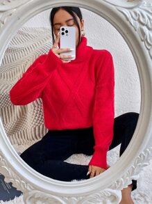 SHEIN Essnce Turtleneck Argyle Knit Drop Shoulder Jumper - Red - View 1