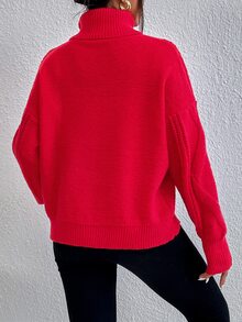 SHEIN Essnce Turtleneck Argyle Knit Drop Shoulder Jumper - Red - View 2