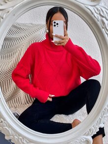 SHEIN Essnce Turtleneck Argyle Knit Drop Shoulder Jumper - Red - View 3