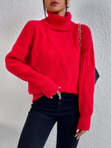 SHEIN Essnce Turtleneck Argyle Knit Drop Shoulder Jumper - Red - View 4