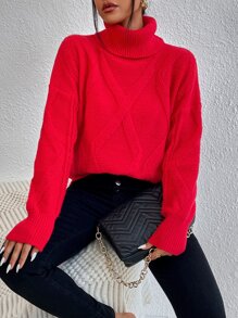 SHEIN Essnce Turtleneck Argyle Knit Drop Shoulder Jumper - Red - View 5