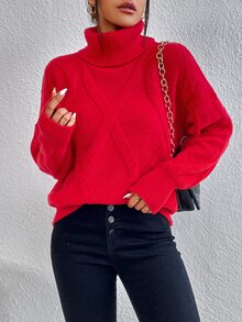 SHEIN Essnce Turtleneck Argyle Knit Drop Shoulder Jumper - Red - View 6