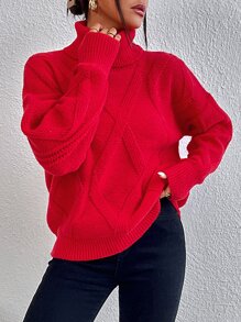 SHEIN Essnce Turtleneck Argyle Knit Drop Shoulder Jumper - Red - View 7