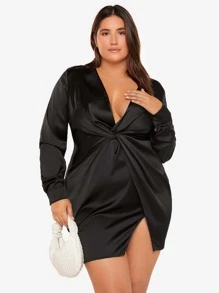 SHEIN Privé Đầm Plus Size xoắn lại Trọn gói màu trơn Gợi cảm - màu đen - Xem 4