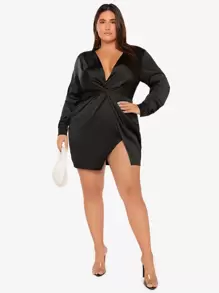 SHEIN Privé Đầm Plus Size xoắn lại Trọn gói màu trơn Gợi cảm - màu đen - Xem 5