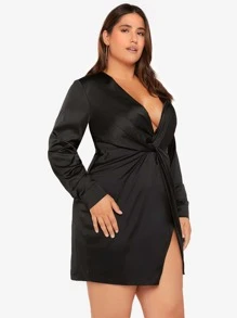 SHEIN Privé Đầm Plus Size xoắn lại Trọn gói màu trơn Gợi cảm - màu đen - Xem 6