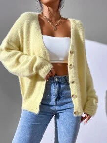 EMERY ROSE Drop Shoulder Fuzzy Knit Cardigan,Long Sleeve Tops Fall Winter Cloth For Women