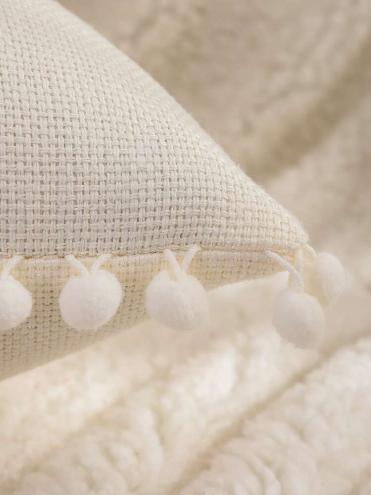 1pc Pom Pom Decor Cushion Cover Without Filler - Beige - View 3