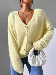 EMERY ROSE Drop Shoulder Fuzzy Knit Cardigan,Long Sleeve Tops Fall Winter Cloth For Women