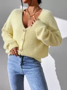 EMERY ROSE Drop Shoulder Fuzzy Knit Cardigan,Long Sleeve Tops Fall Winter Cloth For Women