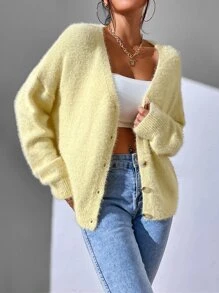 EMERY ROSE Drop Shoulder Fuzzy Knit Cardigan,Long Sleeve Tops Fall Winter Cloth For Women
