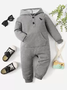 SHEIN 男嬰恐龍刺繡袋鼠口袋連帽連身褲 - 灰色 - 查看 1