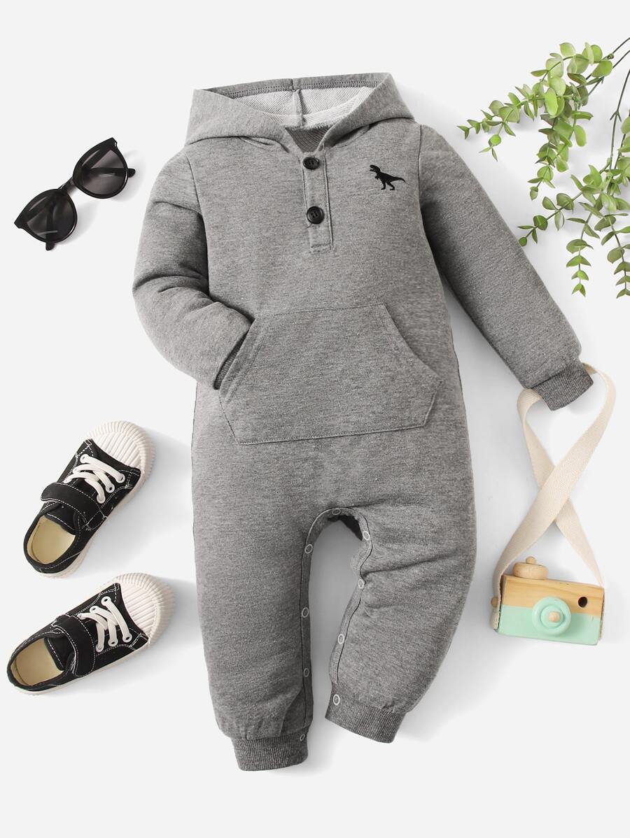 SHEIN 男嬰恐龍刺繡袋鼠口袋連帽連身褲 - 灰色 - 查看 1