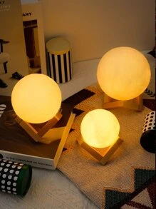 1 pieza luz de decoración de diseño de luna con Base de madera, luz de noche de luna creativa de plástico para decoración del hogar - Amarillo - Ver 2