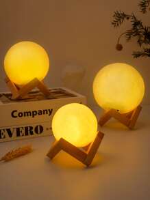 1 pieza luz de decoración de diseño de luna con Base de madera, luz de noche de luna creativa de plástico para decoración del hogar - Amarillo - Ver 5