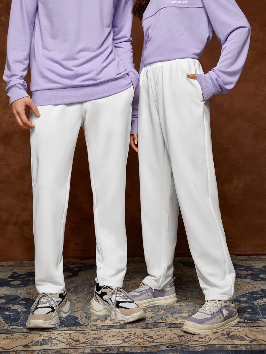 SWAVVY 1pc Elastic Waist Slant Pocket Sweatpants - White - View 1