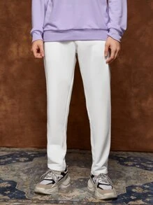 SWAVVY 1pc Elastic Waist Slant Pocket Sweatpants - White - View 3