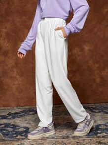 SWAVVY 1pc Elastic Waist Slant Pocket Sweatpants - White - View 5