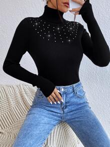 SHEIN Privé Áo len nữ cườm đính Ngọc trai Gân đan màu trơn Thanh lịch - màu đen - Xem 3