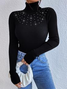 SHEIN Privé Áo len nữ cườm đính Ngọc trai Gân đan màu trơn Thanh lịch - màu đen - Xem 4