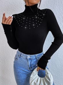 SHEIN Privé Áo len nữ cườm đính Ngọc trai Gân đan màu trơn Thanh lịch - màu đen - Xem 5