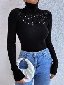 SHEIN Privé Áo len nữ cườm đính Ngọc trai Gân đan màu trơn Thanh lịch - màu đen - Xem 6