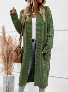 SHEIN LUNE Dual Pocket Drop Shoulder Cable Knit Duster Cardigan - Army Green - View 1