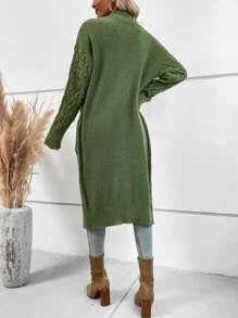 SHEIN LUNE Dual Pocket Drop Shoulder Cable Knit Duster Cardigan - Army Green - View 2