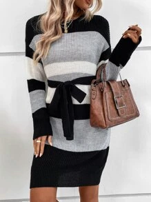 SHEIN LUNE 撞色落肩袖腰帶毛衣裙 - 彩色 - 查看 3