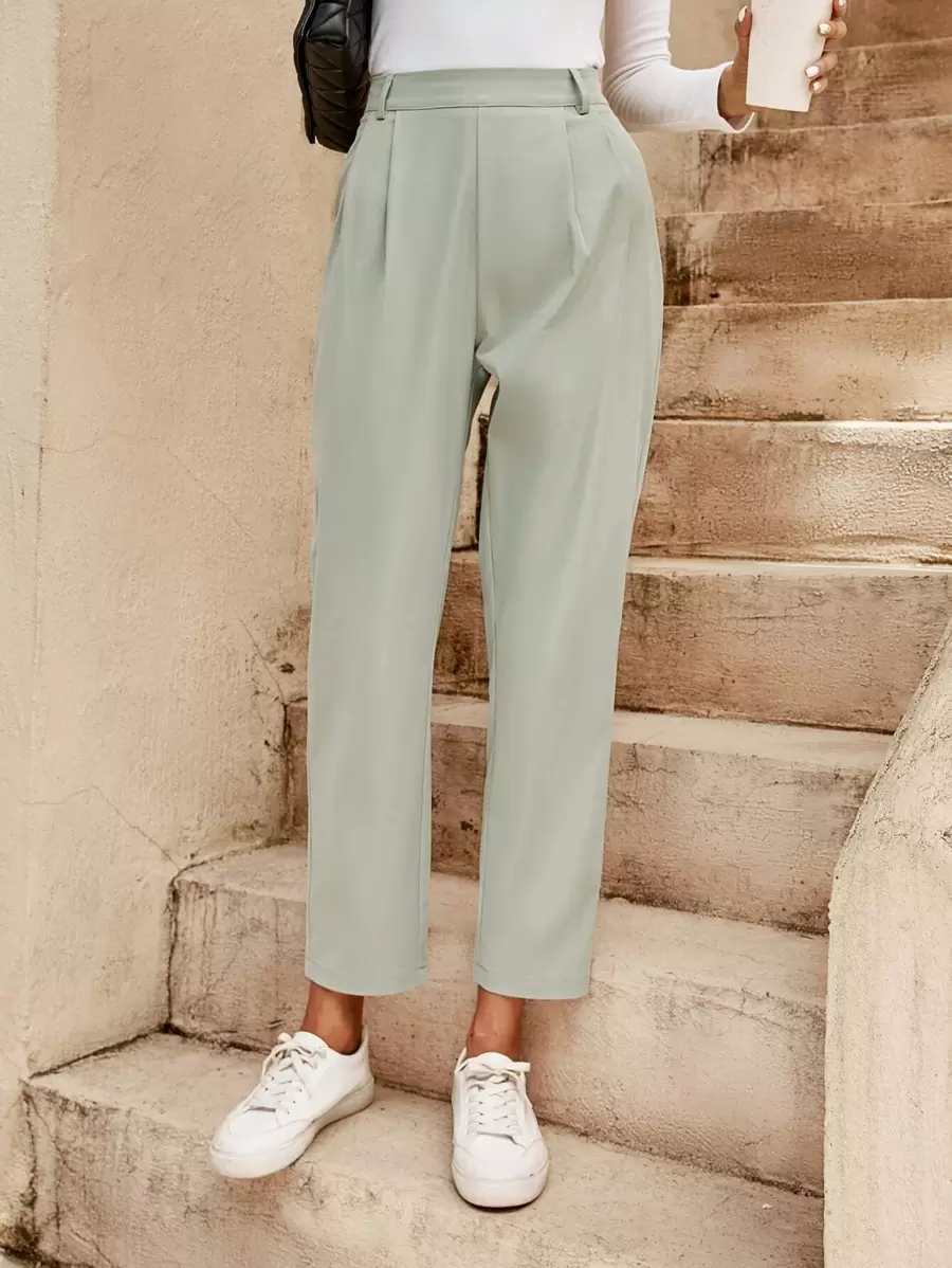 SHEIN Frenchy Plicated Detail Cropped Trousers - Mint Green - View 1