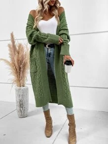 SHEIN LUNE Dual Pocket Drop Shoulder Cable Knit Duster Cardigan - Army Green - View 5