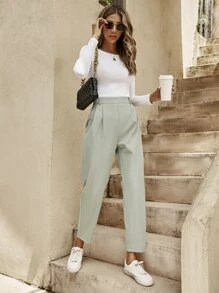 SHEIN Frenchy Plicated Detail Cropped Trousers - Mint Green - View 4