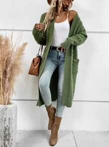 SHEIN LUNE Dual Pocket Drop Shoulder Cable Knit Duster Cardigan - Army Green - View 6